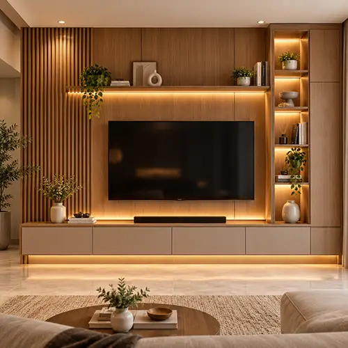 Jasa backdrop TV custom konsep Warm Wood dengan panel kayu dan kabinet