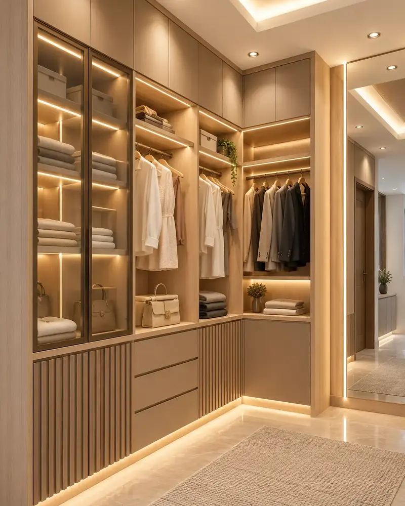 Lemari walk in modern dengan finishing kayu dan pencahayaan hangat