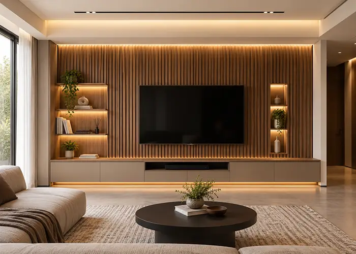 Inspirasi backdrop TV custom panel kayu dan kabinet