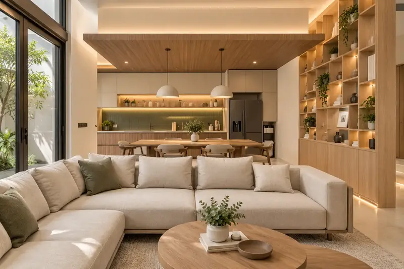 Inspirasi interior ruang keluarga dengan aksen kayu