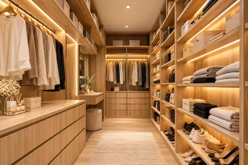 Lemari pakaian custom built in dengan rak dan kabinet