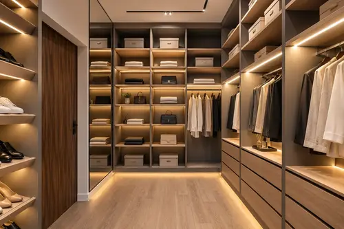 Interior wardrobe dengan banyak rak dan laci