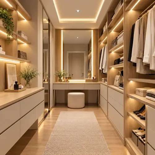 Walk in closet modern dengan kabinet kayu