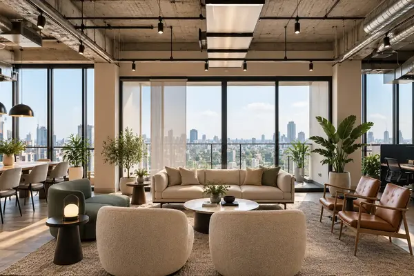 Interior kantor modern dengan area kerja dan lounge