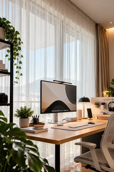 Meja kerja kantor modern dengan tanaman