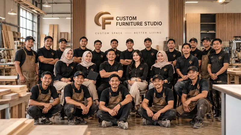 Foto bersama tim Custom Furniture Studio di workshop furniture