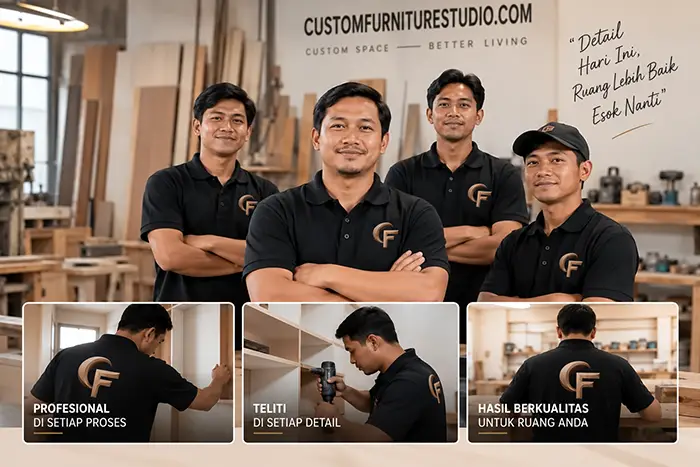 Tim ahli Custom Furniture Studio berdiskusi dan merencanakan kebutuhan furniture