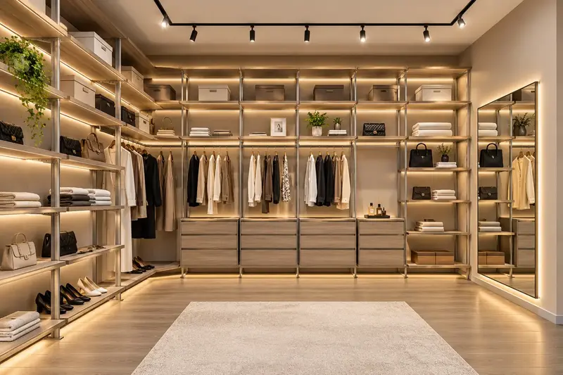 Walk in closet modern dengan banyak rak dan kabinet