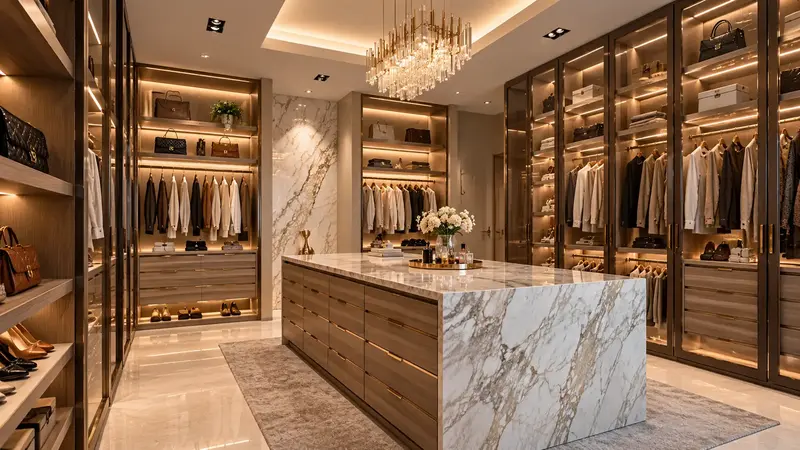 Walk in closet elegan dengan kabinet kayu