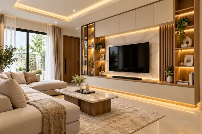 Inspirasi ruang keluarga modern dengan kabinet custom