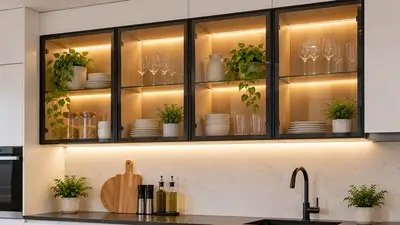 kitchen set minimalis dengan kabinet kaca untuk dapur kecil