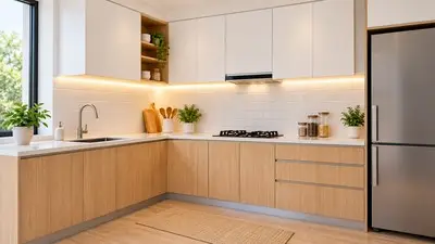 ide kitchen set minimalis dapur kecil warna putih dan kayu.